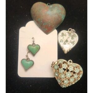 Vintage  Heart Pendant / Pin  Earring Lot Mixed Materials And Styles